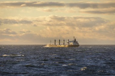 Kargo gemisi denizde. Güzel ışık - altın saat.