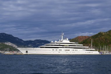 Luxury super yacht moored alongside in marina. Motor yacht. Large mega yacht. Yachting concept.