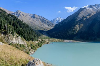 Güzel dağ gölü, orman ve dağlar. Yaz zamanı Büyük Almaty Gölü. Kazakistan 'daki dağ manzarası.