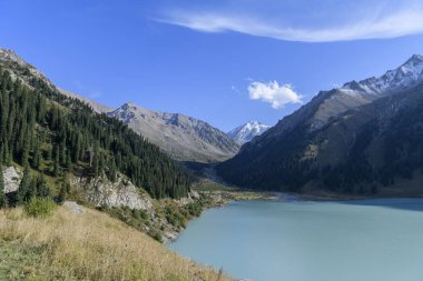 Güzel dağ gölü, orman ve dağlar. Yaz zamanı Büyük Almaty Gölü. Kazakistan 'daki dağ manzarası.