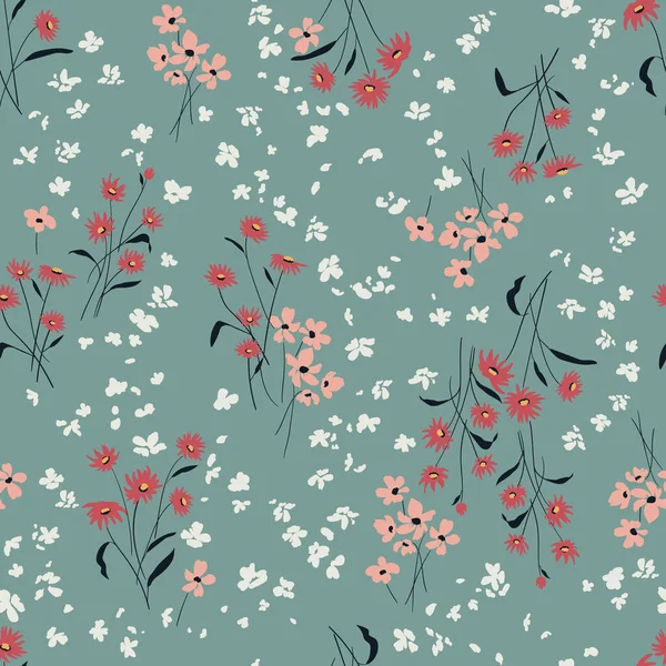 Hand Drawn Seamless Pattern Cute Wildflowers Blue Background — Stock Vector
