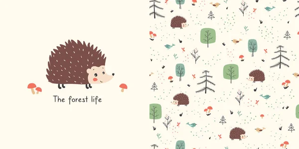 森林生活 无缝图案与手绘卡通画森林和儿童衬衫设计 可爱的刺猬 蘑菇和树 Vecto — 图库矢量图片
