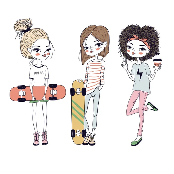 Meninas Bonitos Com Skates Ilustração Vetorial —  Vetores de Stock