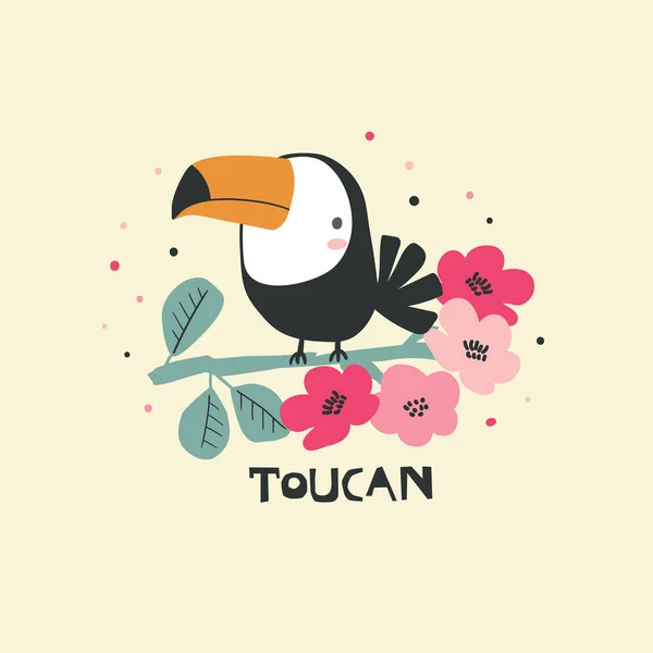 Oiseau Toucan Drôle Dessiné Main Avec Des Fleurs Tropicales Conception Illustrations De Stock Libres De Droits
