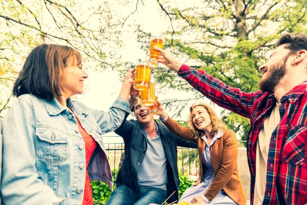 Grupo Amigos Felices Brindando Con Vasos Cerveza Terraza Jardín Sobre —  Fotos de Stock
