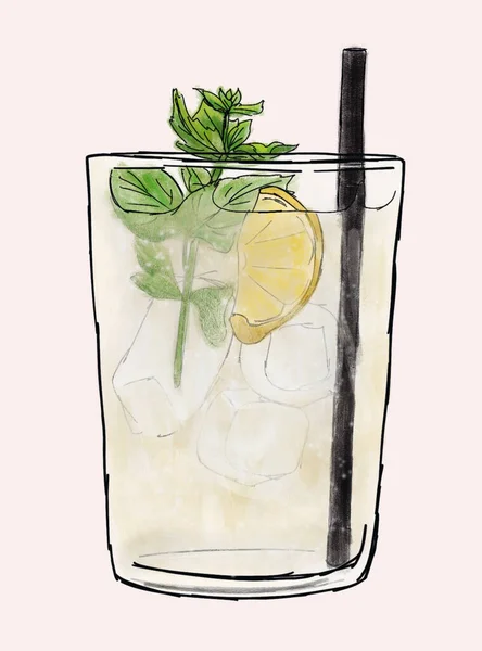 drawing of a glass of italian aperitif hugo cocktail prosecco lime mint living and loving life