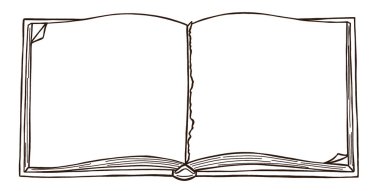 Beyaz arka planda yırtık sayfası olan küçük açık kitap siyah beyaz biçimlendirme alanı çizer