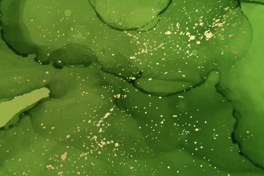 Modern suluboya arkaplan veya zarif kart tasarımı veya soyut yeşil mürekkep dalgaları ve altın lekeli duvar kağıdı veya poster.