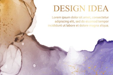 Modern suluboya arkaplan veya zarif kart tasarımı veya soyut sarı ve mor mürekkep dalgaları ve altın lekeli duvar kağıdı veya poster.