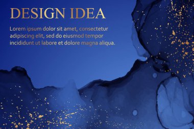 Modern suluboya arkaplan veya zarif kart tasarımı veya soyut mavi mürekkep dalgaları ve altın kaplamalı duvar kağıdı veya poster.