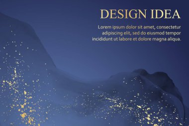 Modern watercolor background or elegant card design or wallpaper or poster with abstract blue ink waves and golden splashes. clipart