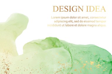 Modern suluboya arkaplan veya zarif kart tasarımı veya soyut yeşil mürekkep dalgaları ve altın lekeli duvar kağıdı veya poster.