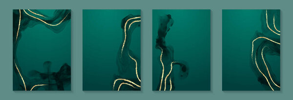 Modern watercolor background or elegant card design for birthday invite or wedding or menu with abstract teal green ink waves and golden curves.