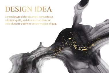 Modern suluboya arkaplan veya zarif kart tasarımı veya soyut siyah mürekkep dalgaları ve altın lekeli duvar kağıdı veya poster.