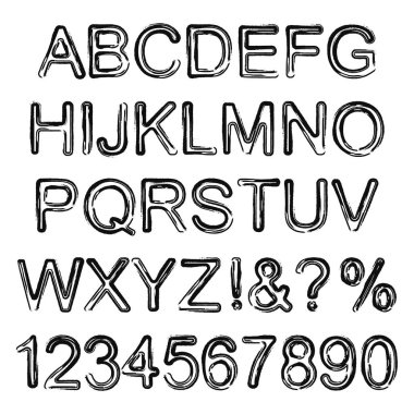 Doğum günü kartları veya metin tasarımları için grunge harfleri, alfabe ve numaralar kümesi.