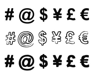 Özel semboller ve para birimi işaretleri. Etiket, dolar, yuan, sterlin, euro.