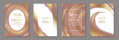 Grunge düğün davetiyesi tasarımları ya da iş için kart şablonları ya da afişler ya da beyaz arka planda altın ve bej fırça darbeleriyle karşılama.