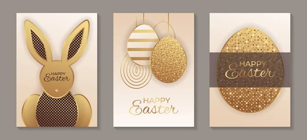Conjunto Tarjetas Felicitación Para Pascua Celebrando Con Huevos Oro Conejo — Archivo Imágenes Vectoriales