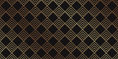 Sanat deco tarzında altın çizgileri ve eşkenar dörtgenleri olan modern geometrik lüks siyah arkaplan.