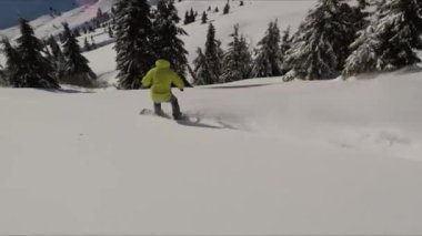 Freeride Snowboard sporu. Güneşli bir kış gününde dağlarda pudra sürmek