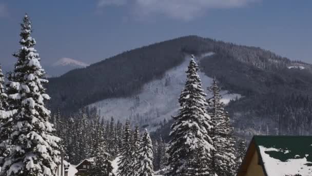 Cabanes Forestières Couvertes Neige Par Une Journée Hiver Montagne Zoom — Video
