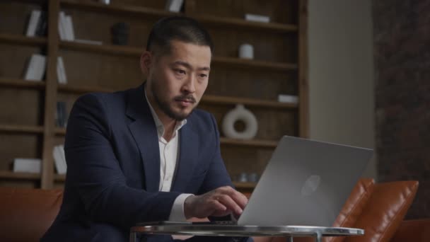 Asian Man Typing Laptop Businessman Working Computer Low Angle Shot – Stock-video