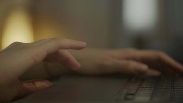 Frau Bedient Laptop Touchpad Surft Online Auf Computer Drinnen — Stockvideo