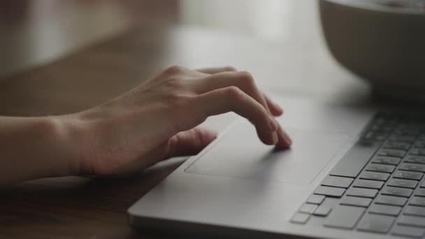 Laptop Touchpad Browsing Close Mujer Irreconocible Usando Computadora Pivotando Alrededor — Vídeos de Stock