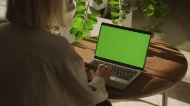 Yeşil Ekran Laptop Tarayıcı, Omuz manzaralı online sörf. Tanımlanamayan kadın kroma tuşlu bilgisayarda el kaydırması