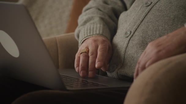 Dědeček Ruce Notebooku Touchpad Starší Dospělé Paže Procházet Line Handheld — Stock video