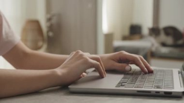 Laptop Dokunmatik Bilgisayarı 'nı, Kadın Kolları' nı Bilgisayara Geçir. Tanımlanamayan beyaz kadın internette geziniyor.