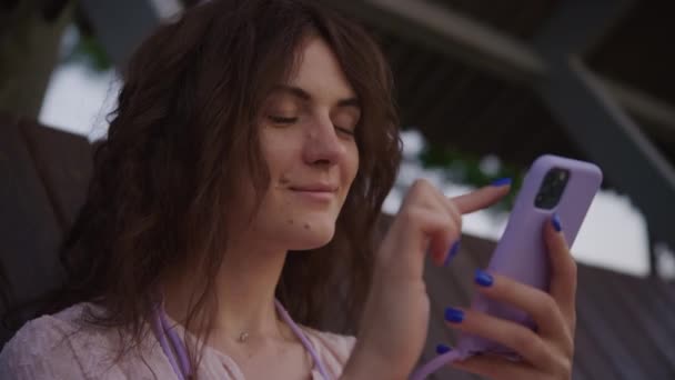 Smiling Woman Browsing Smartphone Park Female Student Using Smarphone — стоковое видео