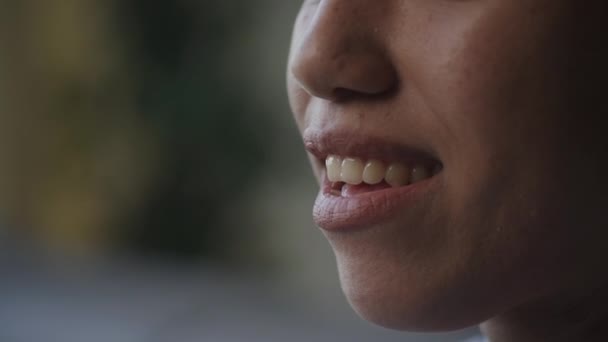 Γυναικείο Στόμα Μιλώντας Και Χαμογελώντας Από Κοντά Πλαϊνή Άποψη Του — Αρχείο Βίντεο