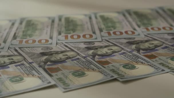 Orbiting Cash Money 100 Dollar Bill Desk Pivoting Currency Close — Stock Video