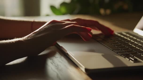 ラップトップを使用して女性の手は コンピュータ上でオンラインで閲覧する女性の腕を閉じます — ストック動画