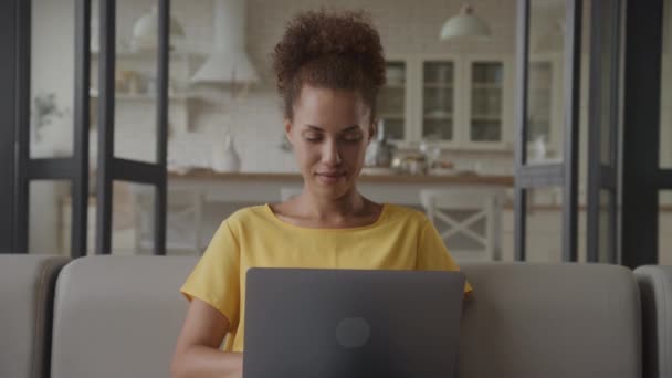 アパートの家のカウチでスマイルシッティングでラップトップを使用している女性 コンピュータ上で働く肯定的な女性 — ストック動画