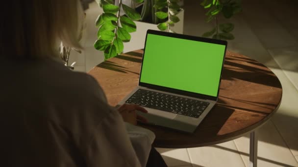 女性在绿色屏幕笔记本电脑室内观看的内容 从肩部看现代办公室的彩色关键计算机 — 图库视频影像