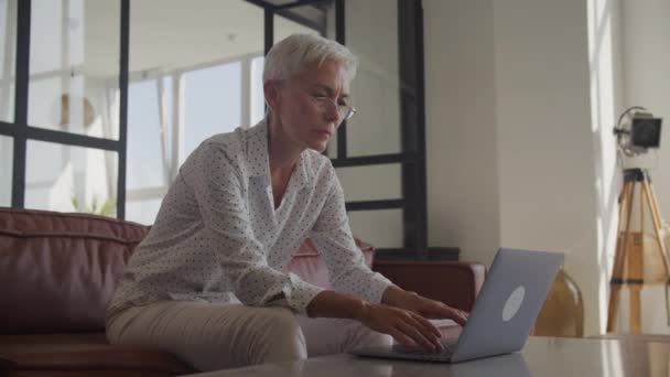 Ofiste Dizüstü Bilgisayarda Iyi Haberler Okuyan Olgun Bir Kadın Mutlu — Stok video