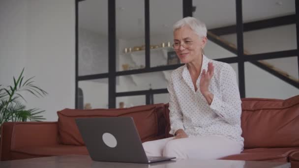 Seniorin Grüßt Videokonferenz Mit Laptop Ältere Geschäftsfrau Spricht Online Drinnen — Stockvideo