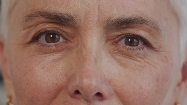 Mature Woman Wrinkled Eyes Looking Camera Close Senior Adult Female — Stock Video