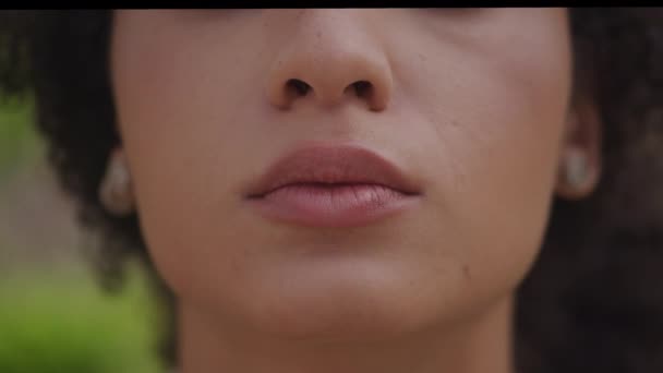 Calm Lady Lips Extreme Close Outdoors — Stock Video