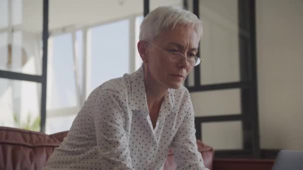 Senior Teacher Eyeglasses Working Laptop Close Mature Woman Browsing Online — Stock Video