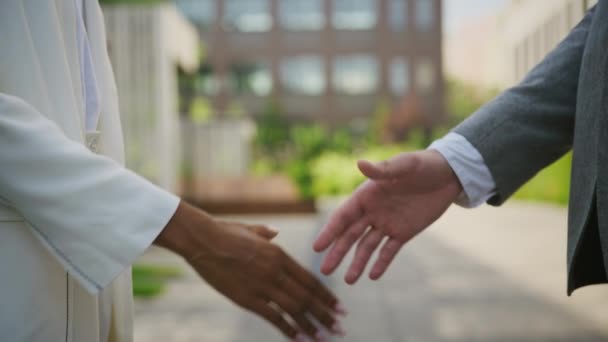 Businessman Businesswoman Shaking Hands Agreement Outdoors Business Handshake Reaching Deal — Stock Video
