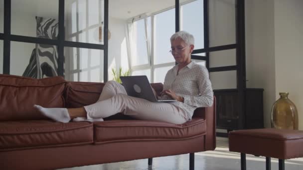 成熟女性在办公室沙发上的笔记本电脑上浏览 成功的老年女性使用电脑 — 图库视频影像
