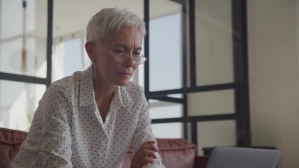 Gözlüklü Olgun Kadın Ofiste Dizüstü Bilgisayarda Pazar Haberleri Okuyor — Stok video