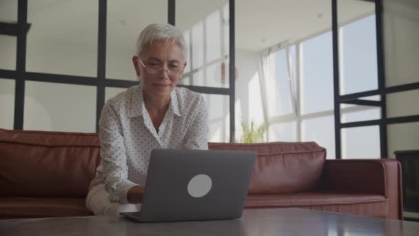 Felnőtt Használ Laptop Mosollyal Irodában Modern Senior Felnőtt Hölgy Gépelés — Stock videók