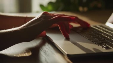Günbatımına kadar vurgulanmış, modern teknoloji ve çalışmaya odaklanmış, Laptop Touchpad 'de zarif Elle Geçiş veya Kaydırma