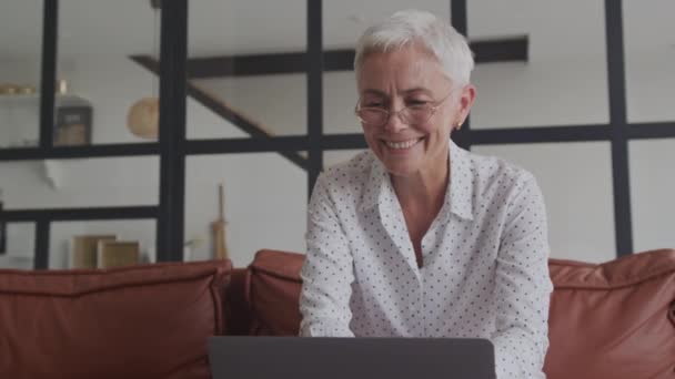 一个带着眼镜的快乐的成熟女人在笔记本电脑上享受着愉快的交谈 — 图库视频影像