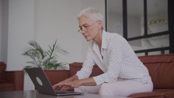 Starší Žena Brýlemi Bílými Vlasy Hluboce Zaměřená Notebook Moderním Obývacím — Stock video