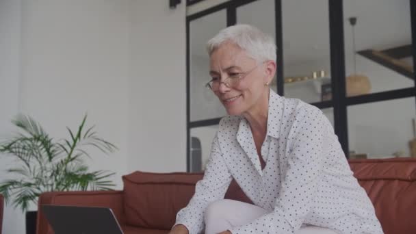 上了年纪的女人 戴着时髦的眼镜 白发苍苍地微笑着 舒舒服服地坐在沙发上 — 图库视频影像
